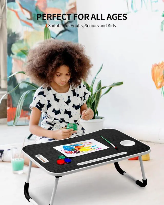 Alt view image 4 of 6 - Foldable Laptop Table, Portable Lap Desk Bed Table Tray, Laptop Stand with Cup Holder & Tablet Slot & Lifting Handle for Working Writing Drawing & Eating (Black Grain)