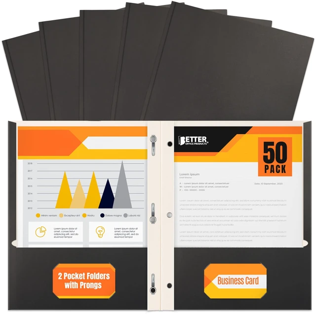 Main image of Black Paper 2 Pocket Folders with Prongs, 50 Pack, Matte Texture, Letter Size Paper Folders, 50 Pack, with 3 Metal Prong Fastener Clips, Black