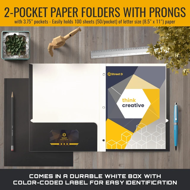 Alt view image 2 of 6 - Black Paper 2 Pocket Folders with Prongs, 50 Pack, Matte Texture, Letter Size Paper Folders, 50 Pack, with 3 Metal Prong Fastener Clips, Black