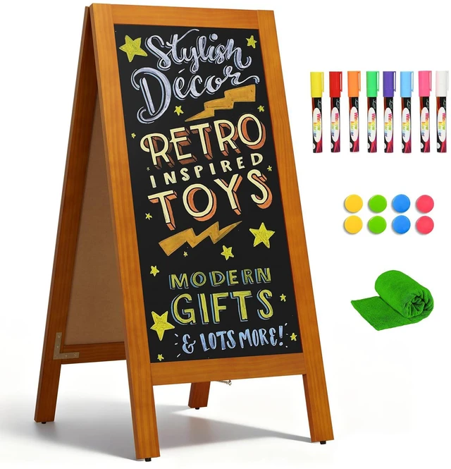 Main image of A-Frame Double-Sided Magnetic Chalkboard 40"x20", Caramel Solid Pine Wood, Freestanding Sandwich Board, For Business, Restaurants, Cafes, Weddings, 8 Liquid Markers, 8 Magnets, 1 Rag
