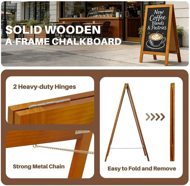 Alt view image 2 of 7 - A-Frame Double-Sided Magnetic Chalkboard 40"x20", Caramel Solid Pine Wood, Freestanding Sandwich Board, For Business, Restaurants, Cafes, Weddings, 8 Liquid Markers, 8 Magnets, 1 Rag