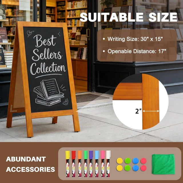 Alt view image 5 of 7 - A-Frame Double-Sided Magnetic Chalkboard 40"x20", Caramel Solid Pine Wood, Freestanding Sandwich Board, For Business, Restaurants, Cafes, Weddings, 8 Liquid Markers, 8 Magnets, 1 Rag