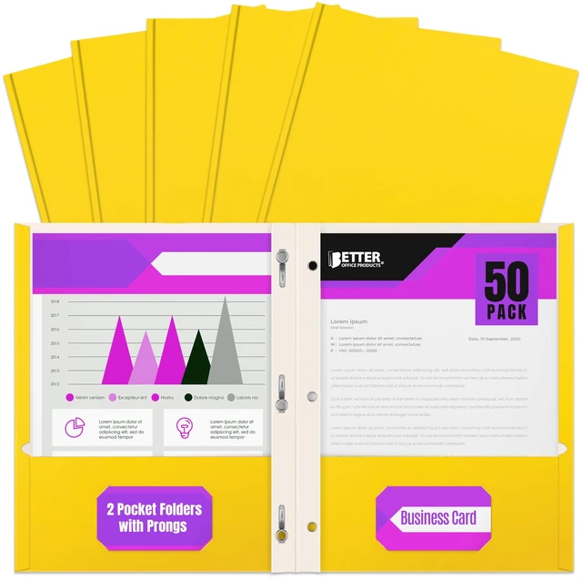 Main image of Yellow Paper 2 Pocket Folders with Prongs, 50 Pack, Matte Texture, Letter Size Paper Folders, 50 Pack, with 3 Metal Prong Fastener Clips, Yellow