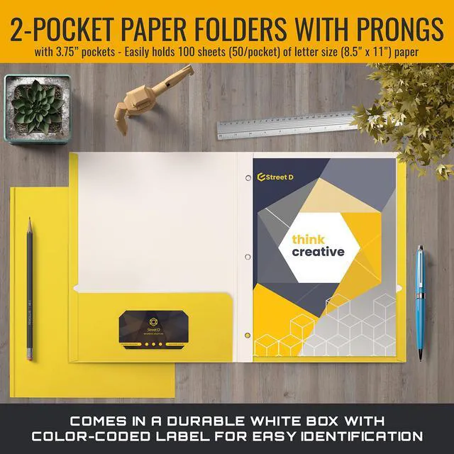Alt view image 2 of 6 - Yellow Paper 2 Pocket Folders with Prongs, 50 Pack, Matte Texture, Letter Size Paper Folders, 50 Pack, with 3 Metal Prong Fastener Clips, Yellow