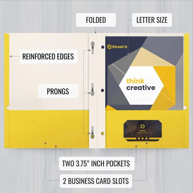 Alt view image 3 of 6 - Yellow Paper 2 Pocket Folders with Prongs, 50 Pack, Matte Texture, Letter Size Paper Folders, 50 Pack, with 3 Metal Prong Fastener Clips, Yellow