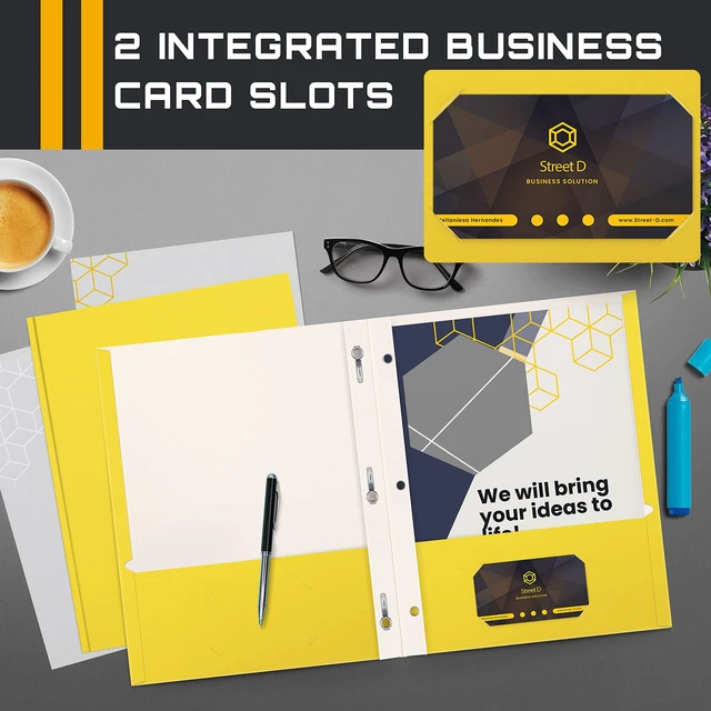 Alt view image 4 of 6 - Yellow Paper 2 Pocket Folders with Prongs, 50 Pack, Matte Texture, Letter Size Paper Folders, 50 Pack, with 3 Metal Prong Fastener Clips, Yellow