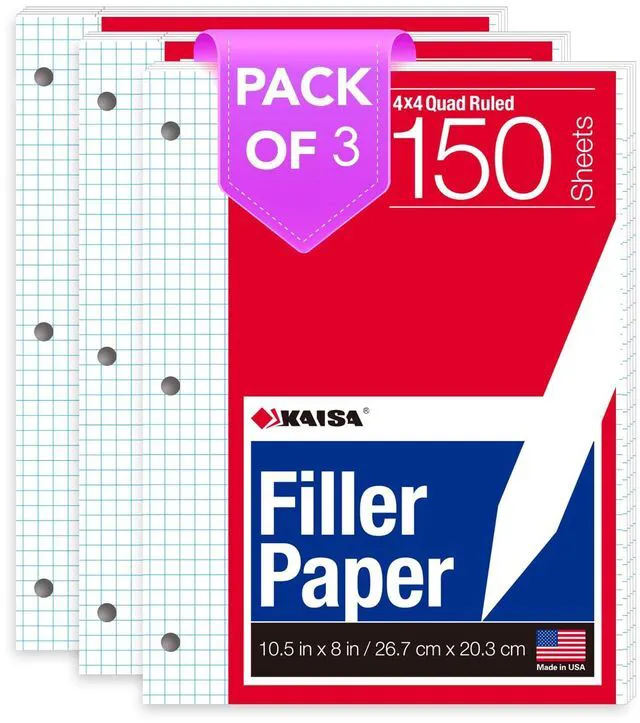 Main image of Graph Paper Filler Paper USA-Made Bulk Wholesale Available 3 Pack 4x4 Quad Rule 3-Hole Punched Loose Leaf Paper 8x10.5 Filler Paper for 3-Ring Binder, 150 Sheets/Pack