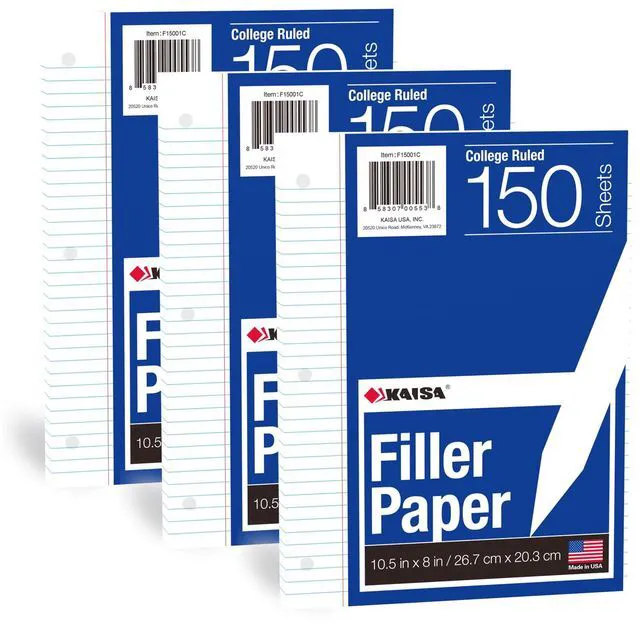 Main image of Loose Leaf Paper Filler Paper 8x10.5 inches, College Ruled, 3-Hole Punched for 3-Ring Binder, 150 Sheets/Pack (3 Pack) F15001C