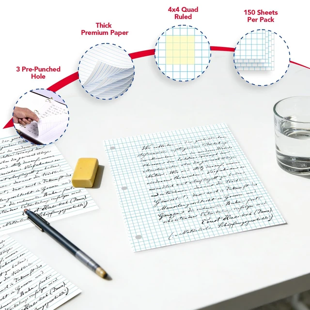 Alt view image 3 of 7 - Graph Paper Filler Paper USA-Made Bulk Wholesale Available 3 Pack 4x4 Quad Rule 3-Hole Punched Loose Leaf Paper 8x10.5 Filler Paper for 3-Ring Binder, 150 Sheets/Pack