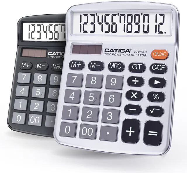 Main image of Desktop Calculator, 12 Digit Large LCD Display, Dual Power, Sensitive Big Button, Standard Function Calculators for Office, School and Business, CD-2786 2 Pack, Black & Silver