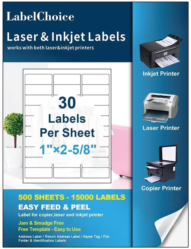 Main image of 500 Sheets 15000 Pcs 30 Up Labels 1" x2-5/8 Shipping Address Labels for Laser & Inkjet Printers, Mailing Labels 30 per Sheet Return Address Stickers, 30 per Page on US Letter