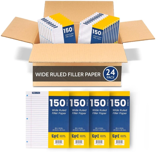 Main image of Filler Paper, Wide Ruled Loose Leaf, 3-hole punch, 150 Sheet, 10.5 x 8 Inch, Pack of 24 (3,600 sheets)