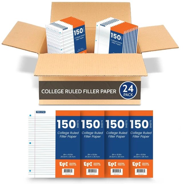 Main image of Filler Paper | College Ruled | Loose Leaf, 3-Hole Punched, 10.5 x 8 in, 150 Sheets | School, Office, Notes, Binder Refill - 24 Pack