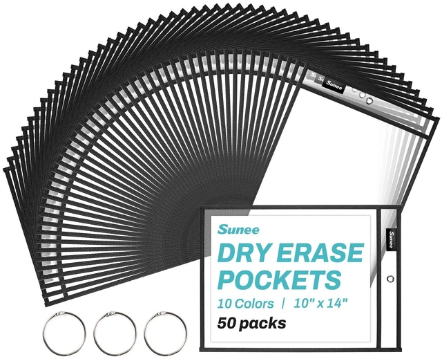 Main image of 50 Packs Oversized Reusable Dry Erase Pocket Sleeves with 3 Rings, Black 10x14 Ticket Holders, Clear Plastic Sheet Protectors, Teacher School Classroom Supplies