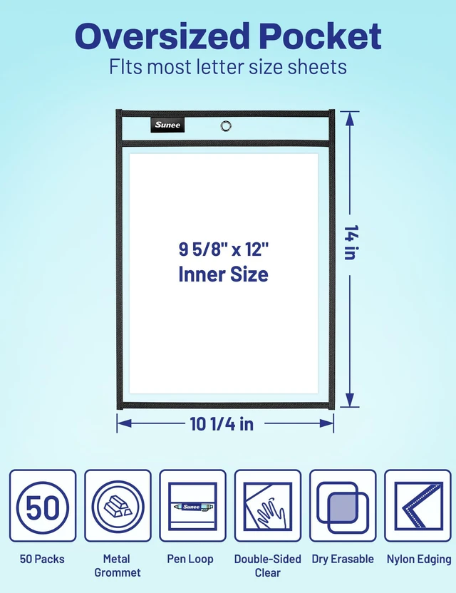 Alt view image 2 of 7 - 50 Packs Oversized Reusable Dry Erase Pocket Sleeves with 3 Rings, Black 10x14 Ticket Holders, Clear Plastic Sheet Protectors, Teacher School Classroom Supplies