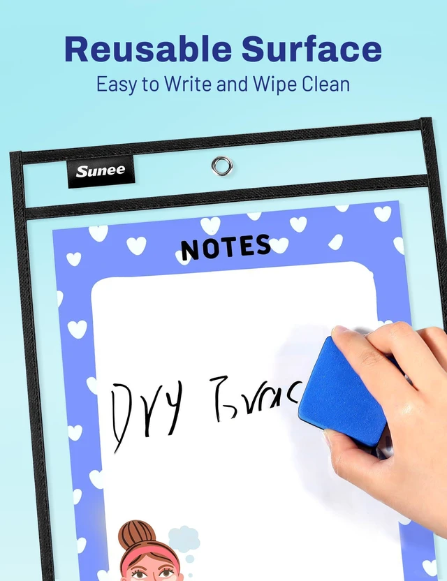 Alt view image 3 of 7 - 30 Packs Oversized Reusable Dry Erase Pocket Sleeves with 2 Rings, Black 10x14 Ticket Holders, Clear Plastic Sheet Protectors, Teacher School Classroom Supplies