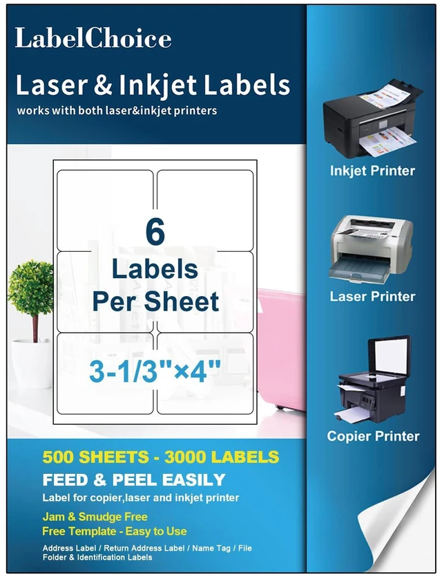 Main image of 500 Sheets 3000 Pcs 3-1/3 x 4 6 Up Shipping Address Labels for Laser & Inkjet Printers, 3-1/3" x 4" 6 per Sheet Shipping Mailing Stickers, 6 Labels per Page