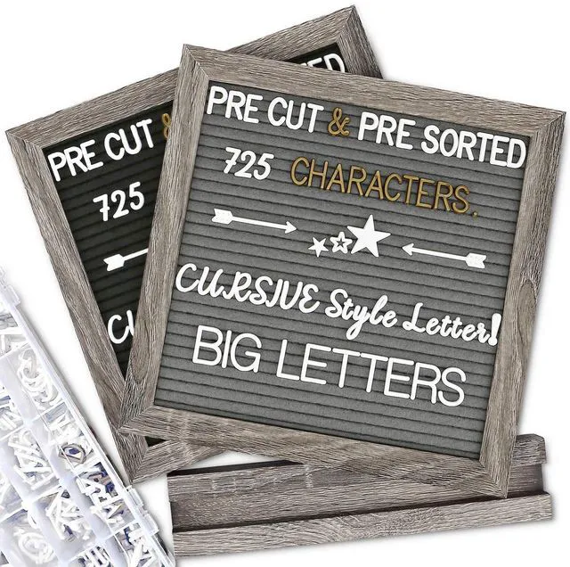 Main image of Double Sided Felt Letter Board with Letters - Pre Cut & Sorted 725 letters with Stand, Cursive Style Letters, Big Letters, Plastic Organizer, Tabletop Display, Rustic Farmhouse Wall Decor