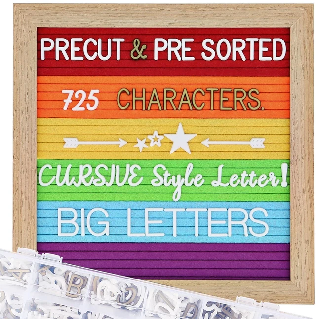 Main image of Changeable Felt Letter Board with Letters, Pre Cut & Sorted 725 Letters, Rainbow Decor, 10x10 Inch Message Board, Classroom Decor Farmhouse Wall Decor Sign Board, Pride Decorations for Office
