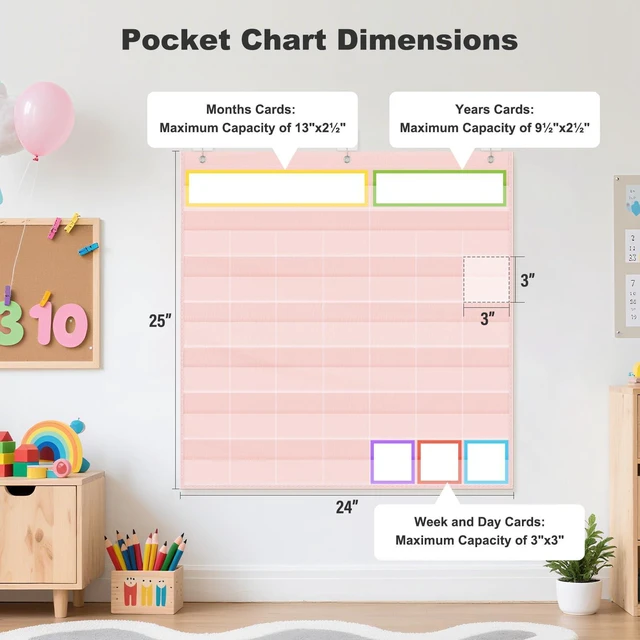 Alt view image 2 of 7 - Classroom Monthly Calendar Pocket Chart for 2.75 * 2.75 Cards,Homeschool Supplies and Classroom Must Haves! Only Chart(Pink)