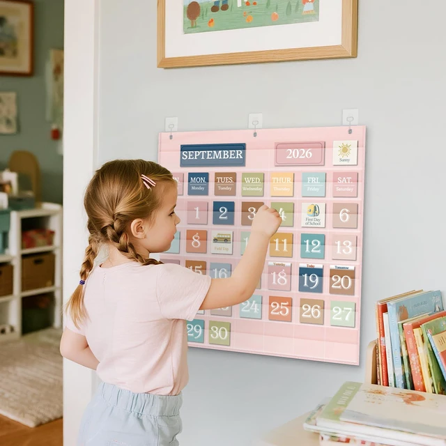 Alt view image 6 of 7 - Classroom Monthly Calendar Pocket Chart for 2.75 * 2.75 Cards,Homeschool Supplies and Classroom Must Haves! Only Chart(Pink)