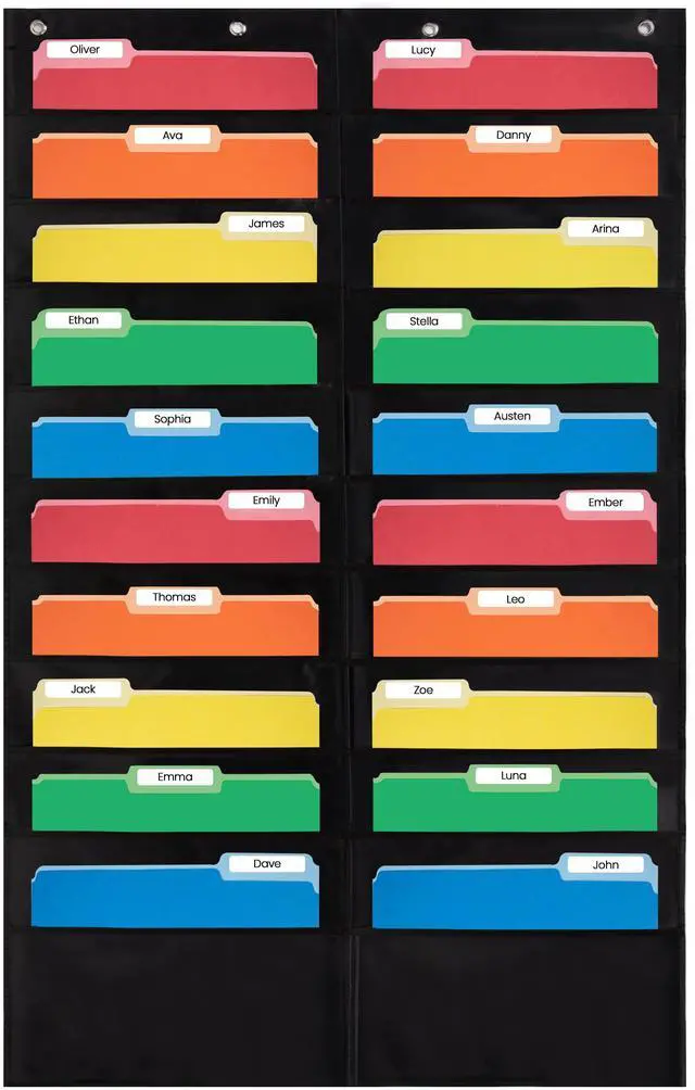 Main image of 20 Pocket File Folder Pocket Chart, Black, 28" W x 46" T Versatile Wall Hanging File Folder Organizer for Classrooms, Offices, Home, and More - Wall Folder Organizer