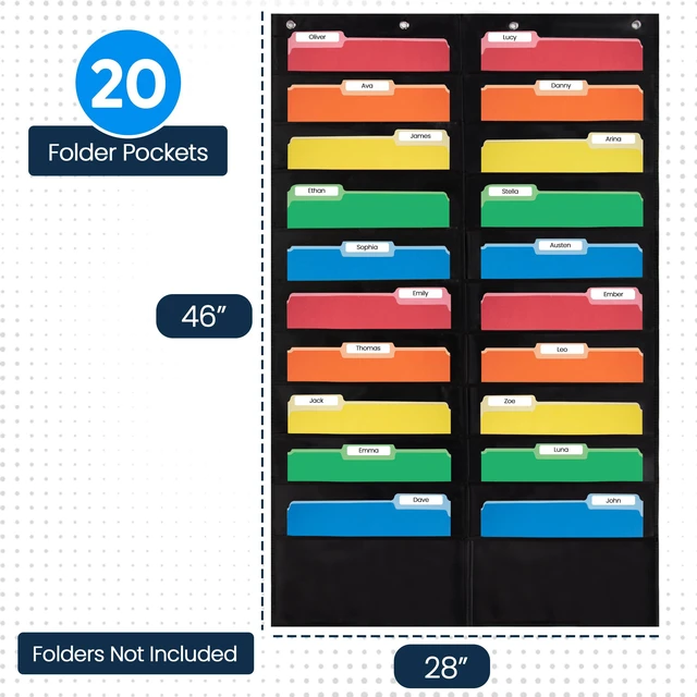 Alt view image 2 of 7 - 20 Pocket File Folder Pocket Chart, Black, 28" W x 46" T Versatile Wall Hanging File Folder Organizer for Classrooms, Offices, Home, and More - Wall Folder Organizer