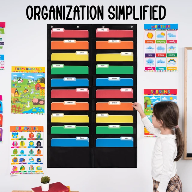 Alt view image 4 of 7 - 20 Pocket File Folder Pocket Chart, Black, 28" W x 46" T Versatile Wall Hanging File Folder Organizer for Classrooms, Offices, Home, and More - Wall Folder Organizer