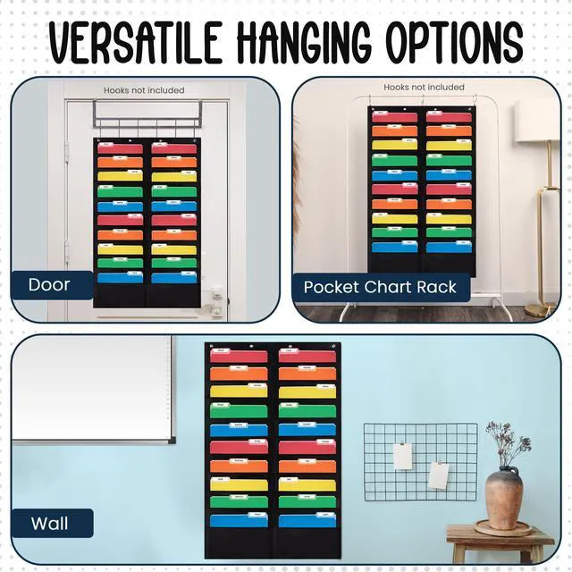 Alt view image 6 of 7 - 20 Pocket File Folder Pocket Chart, Black, 28" W x 46" T Versatile Wall Hanging File Folder Organizer for Classrooms, Offices, Home, and More - Wall Folder Organizer