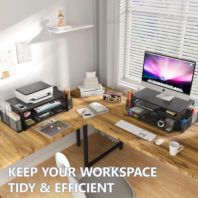 Alt view image 5 of 7 - Desk Organizer and Accessories, 2-Tier Computer Monitor Stand Riser with Drawer and 2 Pen Holders, Laptop Stand, Office Desk Accessories for Office Supplies, Black 2-Pack