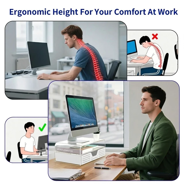 Alt view image 2 of 7 - Desk Organizer and Accessories, 2-Tier Computer Monitor Stand Riser with Drawer and 2 Pen Holders, Laptop Stand, Office Desk Accessories for Office Supplies, Transparent
