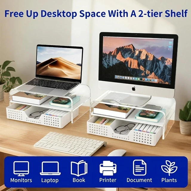 Alt view image 3 of 7 - Desk Organizer and Accessories, 2-Tier Computer Monitor Stand Riser with Drawer and 2 Pen Holders, Laptop Stand, Office Desk Accessories for Office Supplies, Transparent