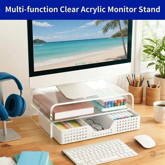 Alt view image 4 of 7 - Desk Organizer and Accessories, 2-Tier Computer Monitor Stand Riser with Drawer and 2 Pen Holders, Laptop Stand, Office Desk Accessories for Office Supplies, Transparent