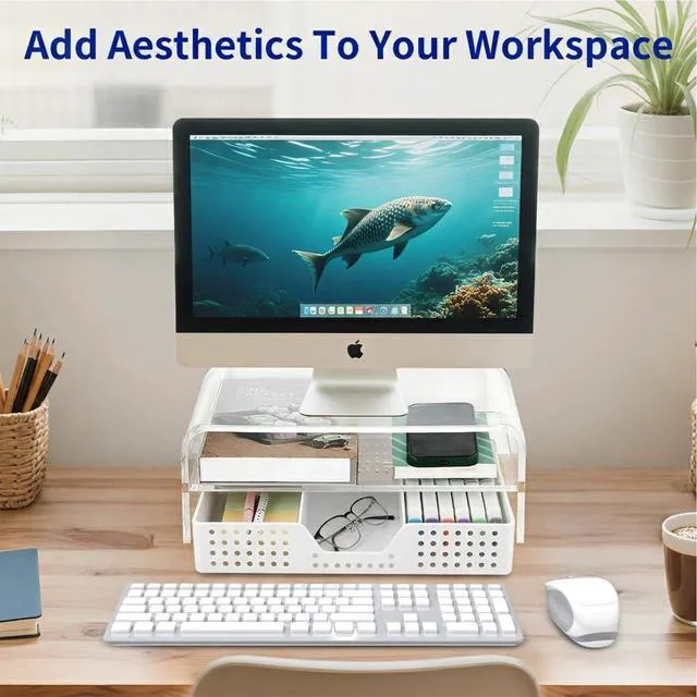 Alt view image 6 of 7 - Desk Organizer and Accessories, 2-Tier Computer Monitor Stand Riser with Drawer and 2 Pen Holders, Laptop Stand, Office Desk Accessories for Office Supplies, Transparent
