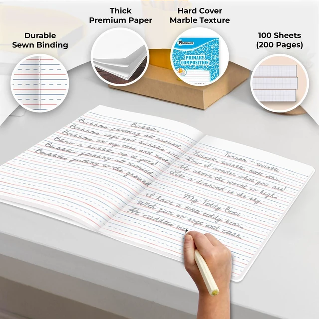 Alt view image 2 of 7 - 5 Pack Composition Notebooks Primary Ruled, Color Marble Notebooks Writing Dotted Lined, Grades K-2 Writing Workbook, 200 Pages (100 Sheets), 9-3/4" x 7-1/2", Sewn Binding, Hardcover Notebooks
