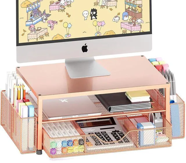 Main image of Desk Organizer and Accessories, 2-Tier Computer Monitor Stand Riser with Drawer and 2 Pen Holders, Laptop Stand, Office Desk Accessories for Office Supplies, Rose