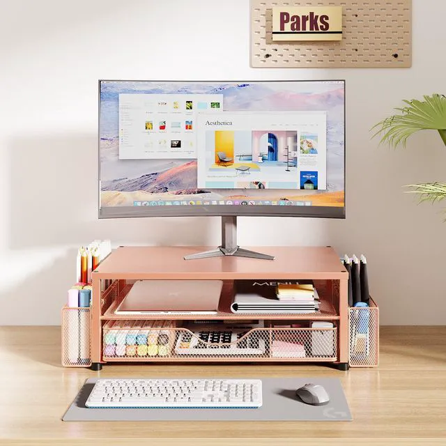 Alt view image 2 of 6 - Desk Organizer and Accessories, 2-Tier Computer Monitor Stand Riser with Drawer and 2 Pen Holders, Laptop Stand, Office Desk Accessories for Office Supplies, Rose