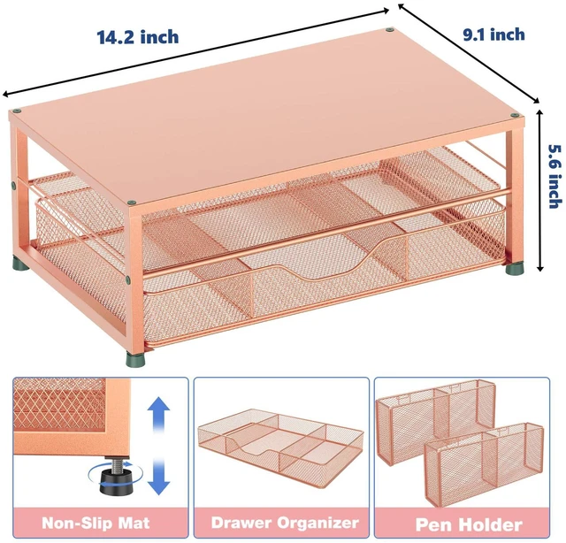 Alt view image 3 of 6 - Desk Organizer and Accessories, 2-Tier Computer Monitor Stand Riser with Drawer and 2 Pen Holders, Laptop Stand, Office Desk Accessories for Office Supplies, Rose