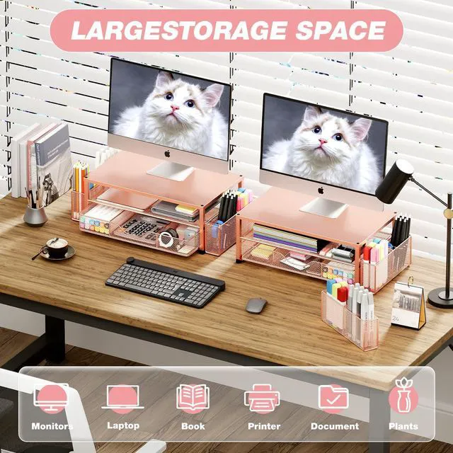Alt view image 4 of 6 - Desk Organizer and Accessories, 2-Tier Computer Monitor Stand Riser with Drawer and 2 Pen Holders, Laptop Stand, Office Desk Accessories for Office Supplies, Rose