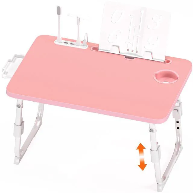 Alt view image 2 of 7 - Lap Desk for Bed Adjustable Height with USB Port 23.6" x15.7" Desktop Storage Drawer, Bookshelf, Fits 17" Laptop, For couch WFH Study, Foldable Non-Slip No Assembly Sturdy Lightweight Pink