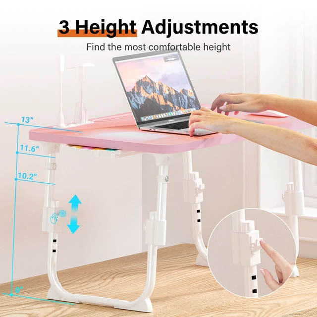 Alt view image 3 of 7 - Lap Desk for Bed Adjustable Height with USB Port 23.6" x15.7" Desktop Storage Drawer, Bookshelf, Fits 17" Laptop, For couch WFH Study, Foldable Non-Slip No Assembly Sturdy Lightweight Pink