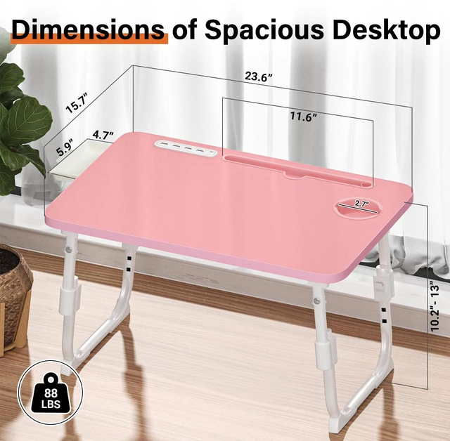 Alt view image 4 of 7 - Lap Desk for Bed Adjustable Height with USB Port 23.6" x15.7" Desktop Storage Drawer, Bookshelf, Fits 17" Laptop, For couch WFH Study, Foldable Non-Slip No Assembly Sturdy Lightweight Pink