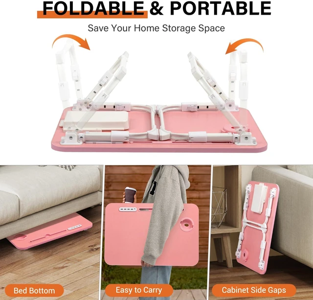Alt view image 5 of 7 - Lap Desk for Bed Adjustable Height with USB Port 23.6" x15.7" Desktop Storage Drawer, Bookshelf, Fits 17" Laptop, For couch WFH Study, Foldable Non-Slip No Assembly Sturdy Lightweight Pink
