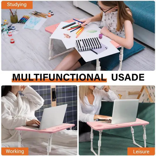 Alt view image 6 of 7 - Lap Desk for Bed Adjustable Height with USB Port 23.6" x15.7" Desktop Storage Drawer, Bookshelf, Fits 17" Laptop, For couch WFH Study, Foldable Non-Slip No Assembly Sturdy Lightweight Pink