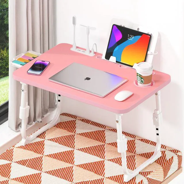 Alt view image 7 of 7 - Lap Desk for Bed Adjustable Height with USB Port 23.6" x15.7" Desktop Storage Drawer, Bookshelf, Fits 17" Laptop, For couch WFH Study, Foldable Non-Slip No Assembly Sturdy Lightweight Pink