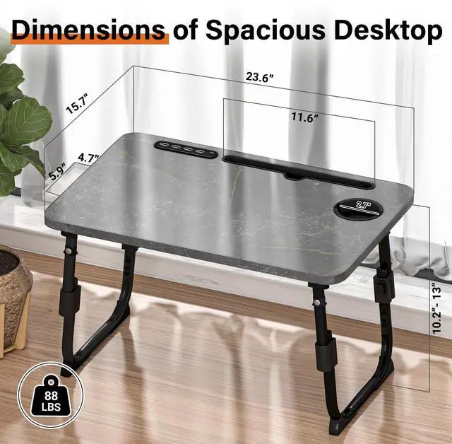 Alt view image 4 of 7 - Lap Desk for Bed Adjustable Height with USB Port 23.6" x15.7" Desktop Storage Drawer, Bookshelf, Fits 17" Laptop, For couch WFH Study, Foldable Non-Slip No Assembly Sturdy Lightweight DeepStone