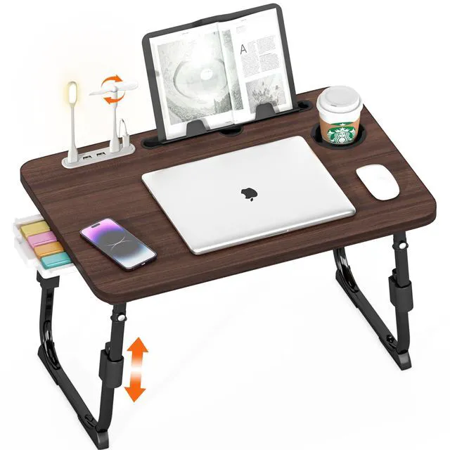 Main image of Lap Desk for Bed Adjustable Height with USB Port 23.6" x15.7" Desktop Storage Drawer, Bookshelf, Fits 17" Laptop, For couch WFH Study, Foldable Non-Slip No Assembly Sturdy Lightweight Walnut