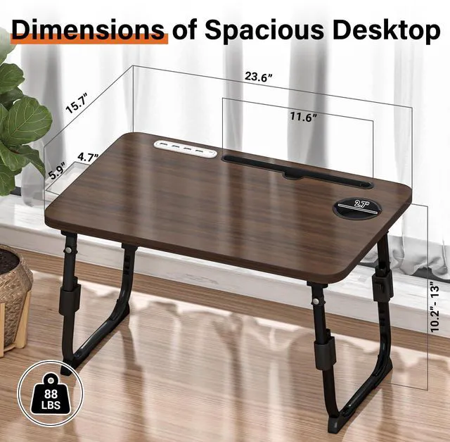 Alt view image 4 of 7 - Lap Desk for Bed Adjustable Height with USB Port 23.6" x15.7" Desktop Storage Drawer, Bookshelf, Fits 17" Laptop, For couch WFH Study, Foldable Non-Slip No Assembly Sturdy Lightweight Walnut