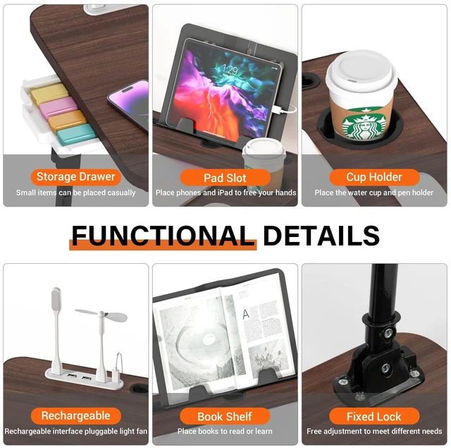 Alt view image 5 of 7 - Lap Desk for Bed Adjustable Height with USB Port 23.6" x15.7" Desktop Storage Drawer, Bookshelf, Fits 17" Laptop, For couch WFH Study, Foldable Non-Slip No Assembly Sturdy Lightweight Walnut