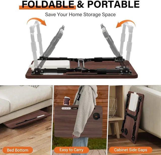 Alt view image 7 of 7 - Lap Desk for Bed Adjustable Height with USB Port 23.6" x15.7" Desktop Storage Drawer, Bookshelf, Fits 17" Laptop, For couch WFH Study, Foldable Non-Slip No Assembly Sturdy Lightweight Walnut